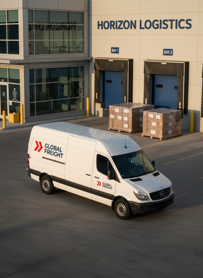 A polished, late-model cargo van with a crisp white paint finish and subtle company branding in bold navy and red, parked outside a modern distribution center at dawn. Gentle golden sunlight illuminates the side of the van, casting soft, elongated shadows onto the textured asphalt. Around the van are stacked shrink-wrapped pallets, metal dock doors, and subtle signage. Captured from a slightly elevated, three-quarter angle to showcase the van’s size and details. The mood is focused and professional, conveying reliability and readiness. The image adopts a clean, modern, photographic realism style with balanced, natural lighting to highlight operational excellence.