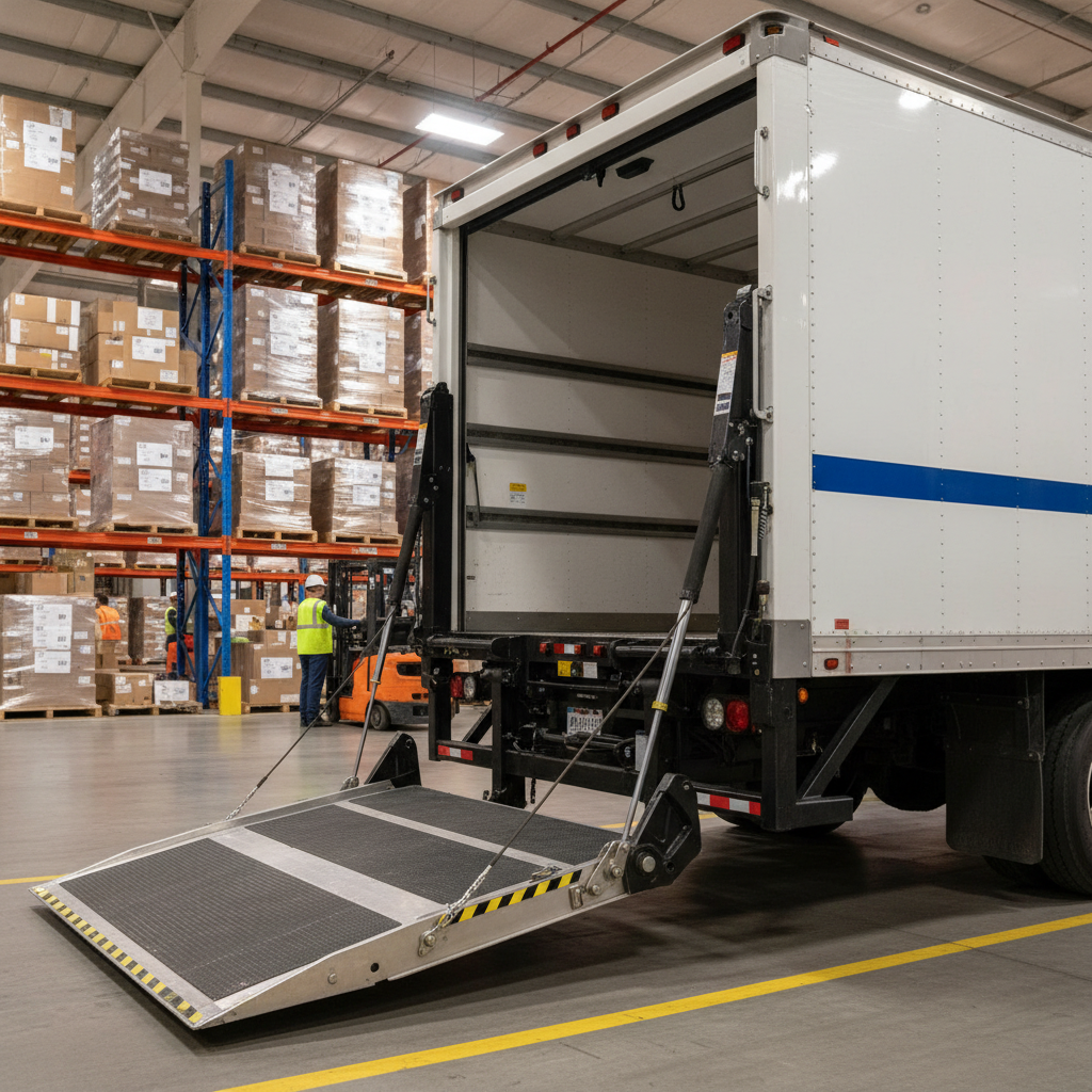 A gleaming aluminum lift gate attached to the rear of a pristine 26-foot box truck, positioned at a busy loading dock beside tall metal racking filled with labeled freight. The gate is midway through lowering, revealing the grooved metallic platform and hydraulic mechanism, with textured rubber mats and safety markings catching the ambient overhead warehouse lighting. The scene is meticulously ordered and well-maintained, imbued with a sense of efficiency and technical precision. Shot from a low angle to accentuate the scale of the truck and mechanism, with sharp focus throughout for a documentary, clean, and modern effect that underscores specialized freight capabilities.