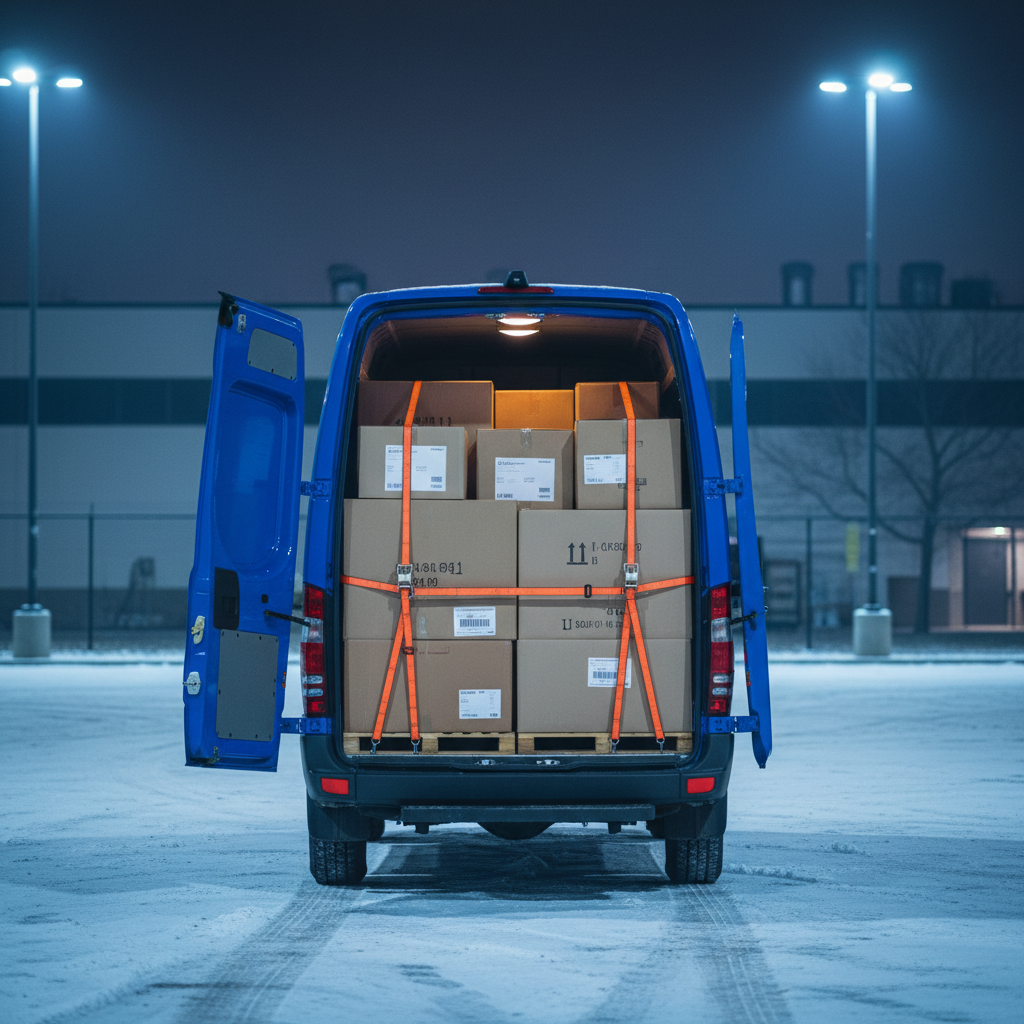 A vibrant sprinter van with reflective striping and a high-roof profile, parked under the soft glow of LED floodlights in an otherwise quiet industrial parking lot, with a hint of snow reflecting the blue-white light. The surrounding area is empty, accentuating the sense of after-hours dedication. Goods secured by ratchet straps are visible through the partially open rear doors, their cardboard textures and barcode labels detailed in the sharp evening clarity. Composed with a centered, symmetrical perspective and shallow depth of field, the image exudes a sense of reliability, urgency, and secure after-hours service in a crisp, modern, photographic style.
