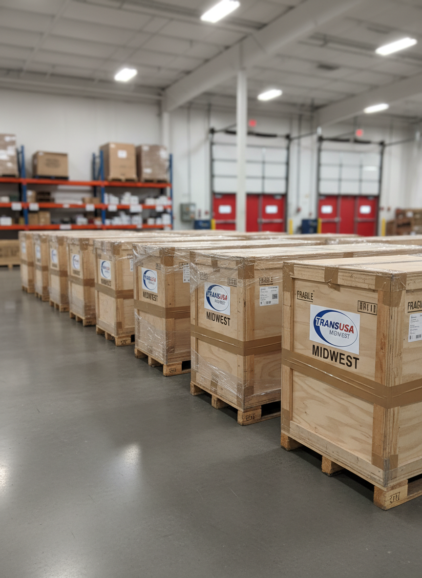 A group of sealed, professionally labeled shipping crates and well-taped boxes with TransUSA Midwest logos arrayed on a smooth concrete floor inside a brightly lit warehouse. The ambient fluorescent lighting creates subtle reflections on glossy package surfaces and deep, soft shadows around the crates, showcasing attention to detail in logistics preparation. The foreground crates are in sharp focus, while racks of supplies and distant exit doors blur gently. Captured with a low-eye-level angle and a rule-of-thirds composition, this image conveys orderliness, organization, and precision in logistics, rendered in a clean, modern photographic realism.